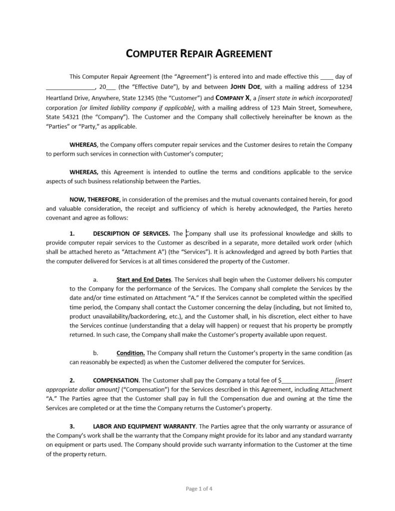 Computer Repair Contract Template - ApproveMe - Free Contract With Terms And Conditions Of Business Free Templates
