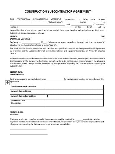 Construction Subcontractor Agreement Template Approveme Free Contract Templates